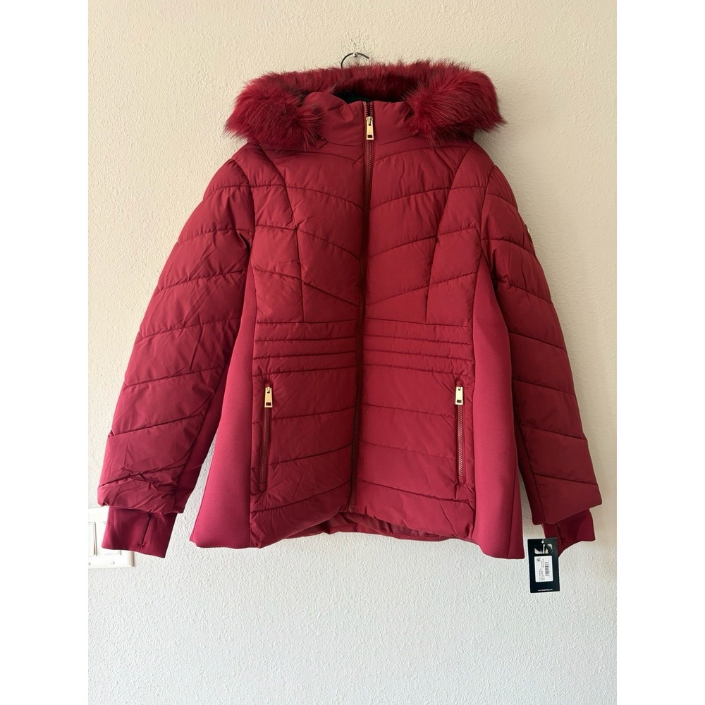 LONDON FOG WOMEN'S Puffer COAT, SIZE XL, Hooded Cranberry Color Mid Length